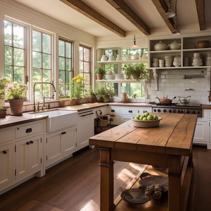 a kitchen filled with lots of white cabinets and wooden counter top next to a window