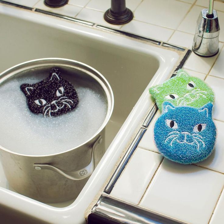 two cat magnets sitting on top of a kitchen sink next to a canister