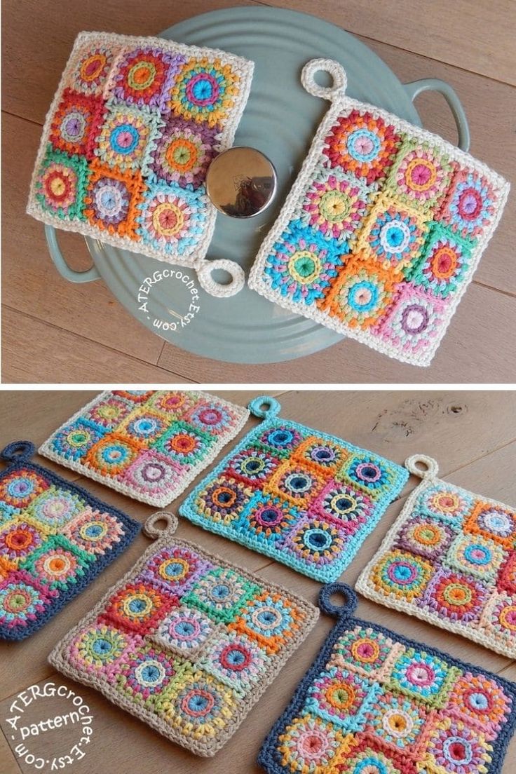 crocheted coasters are arranged on a plate and placed on a platter