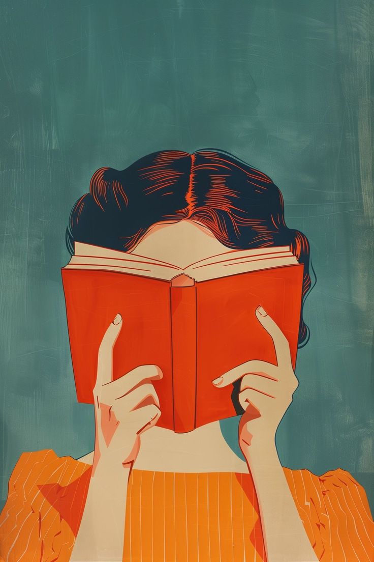 a woman is reading a book while wearing an orange shirt and holding it up to her face