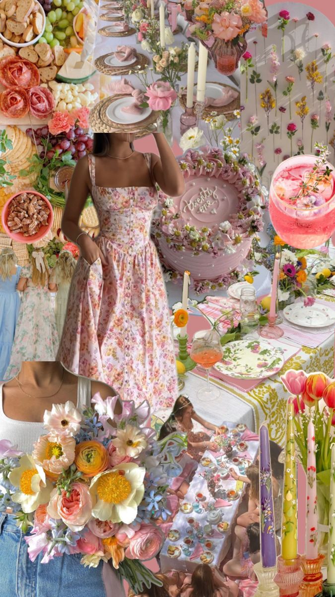 a woman standing in front of a table filled with cakes and flowers