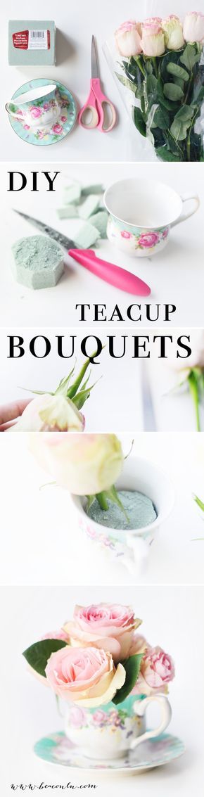 the instructions for how to make diy teacup bouquets with flowers in them