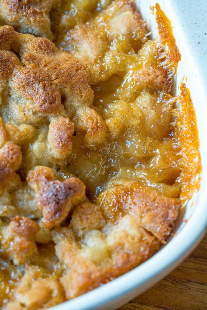 a casserole dish filled with bread and pudding