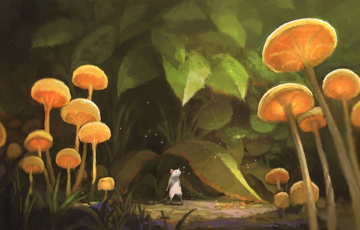 a cat standing in the middle of a forest filled with yellow mushroom like plants and trees