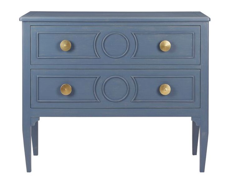 a blue dresser with gold knobs on the top and bottom drawers, against a white background