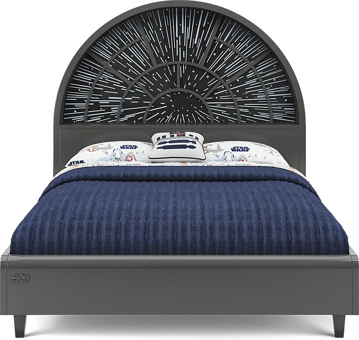 a bed with an intricate headboard and blue bedspread is shown in front of a white background