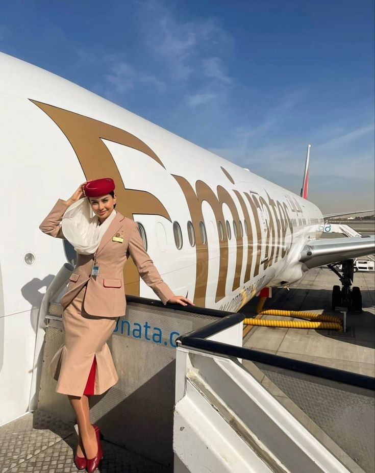 a woman standing on the steps of an airplane