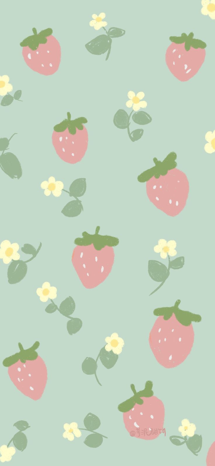 a green background with pink strawberries and white flowers