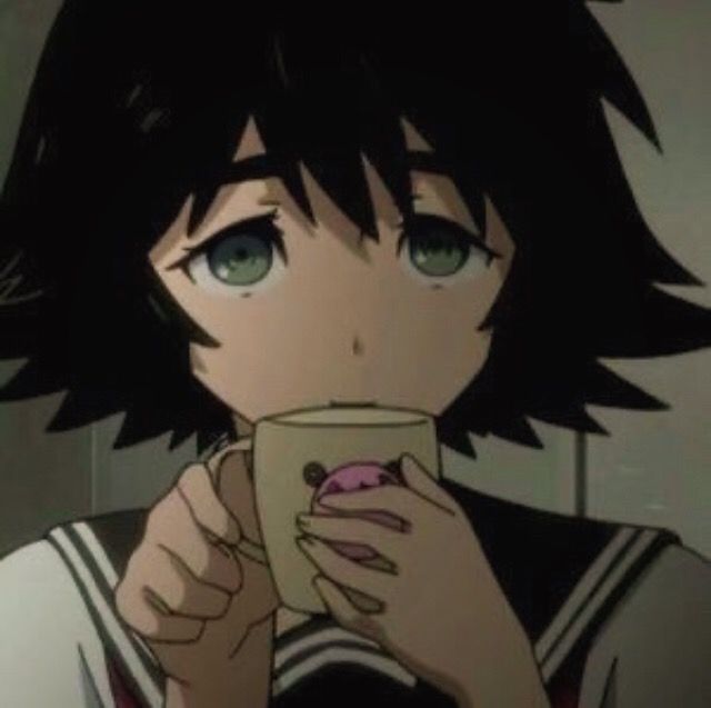 an anime character holding a cell phone and looking at the camera while wearing black hair