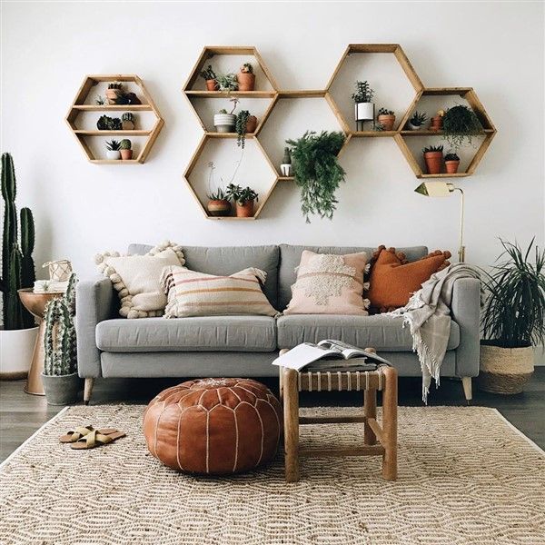 a living room filled with furniture and potted plants on the wall above it is a gray couch surrounded by wooden hexagonal shelves