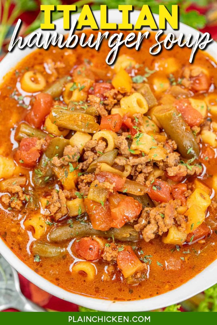 a white bowl filled with italian hamburger soup