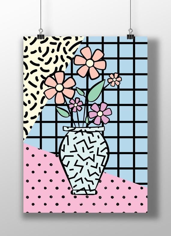 a painting with flowers in a vase on a tile background, hanging from the wall