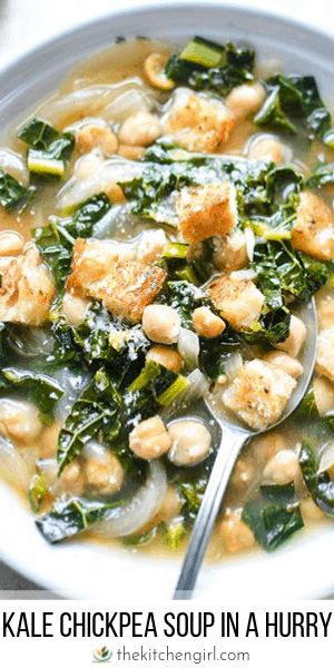 kale, chickpea soup in a hurry bowl with spoon on the side