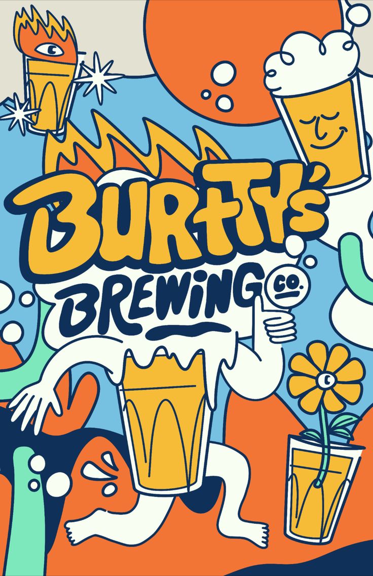 an advertisement for a beer company with cartoon characters and flowers in the foreground, which reads butty's brewing