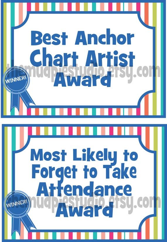 two award ribbons with the words best anchor chart artist award and most likely to forget to take attendance