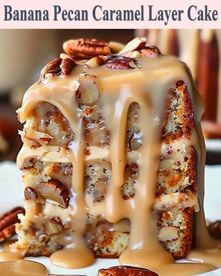 a piece of banana pecan caramel layer cake is drizzled with icing