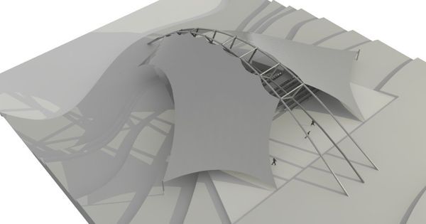 an architectural rendering of a building with curved walls and arches on the roof is shown