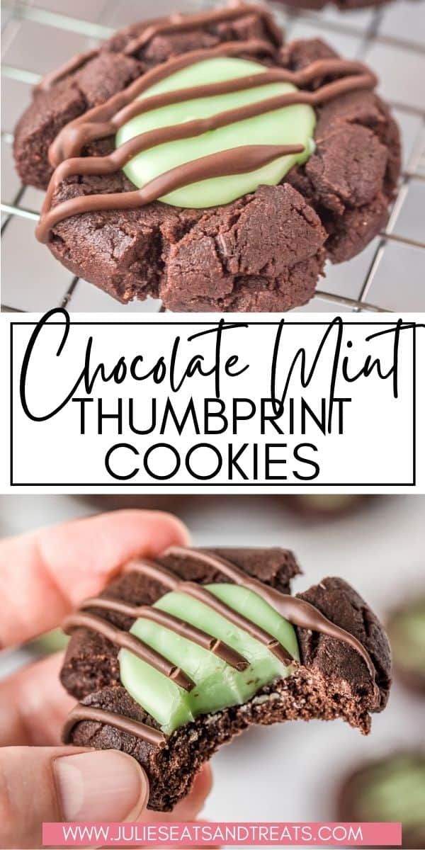 a chocolate mint thumbprint cookie is shown on a cooling rack with the words chocolate mint thumbprint cookies