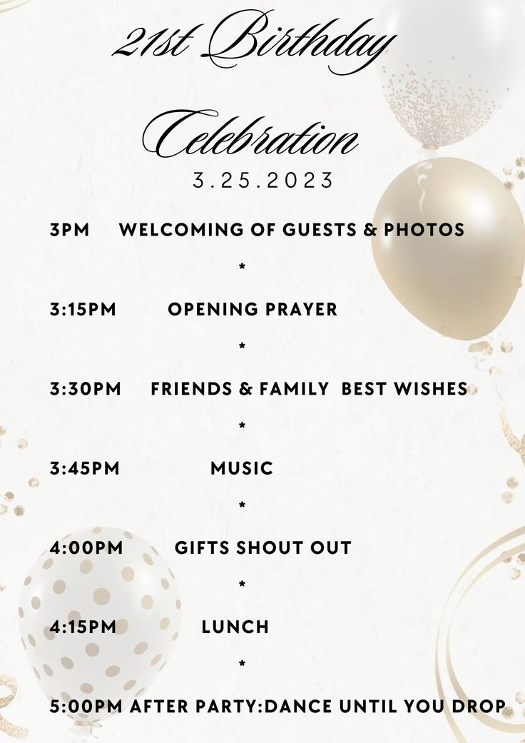 a birthday party flyer with balloons and confetti on the front, in gold and white