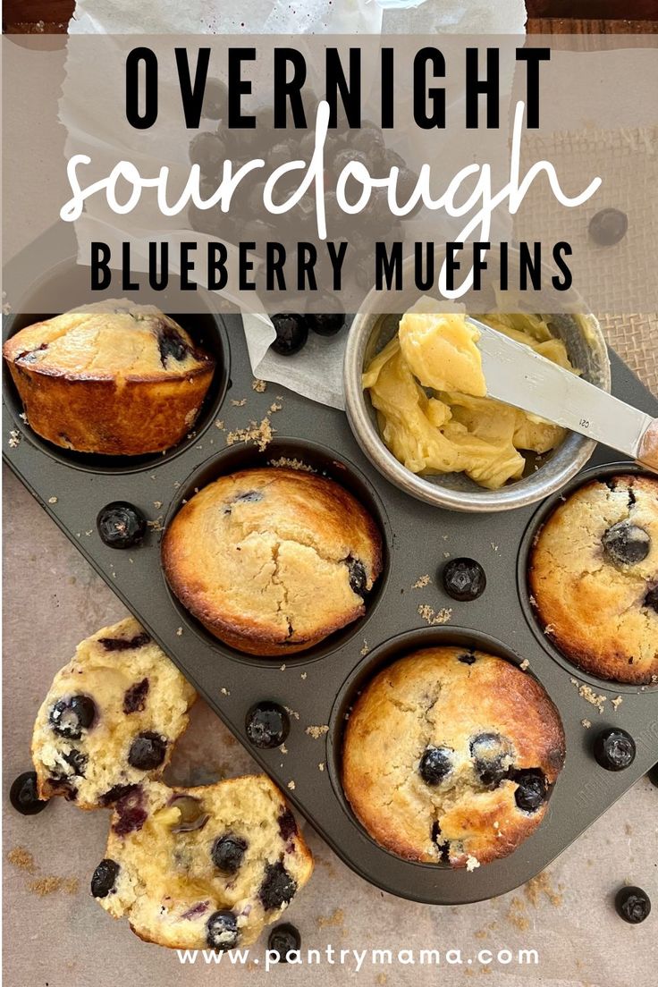 blueberry muffins in a muffin tin with the words overnight sourdough blueberry muffins