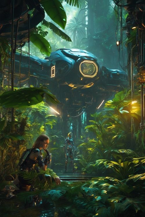 a woman sitting in the middle of a jungle with an alien ship on it's back