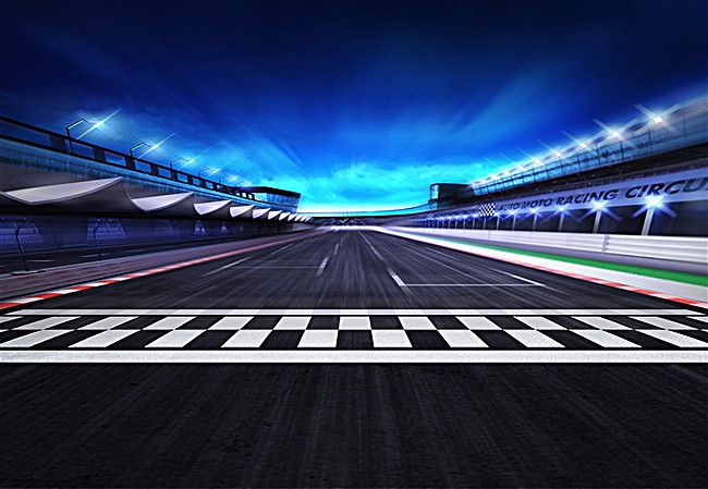 an empty race track with lights and checkered lines on the ground, at night