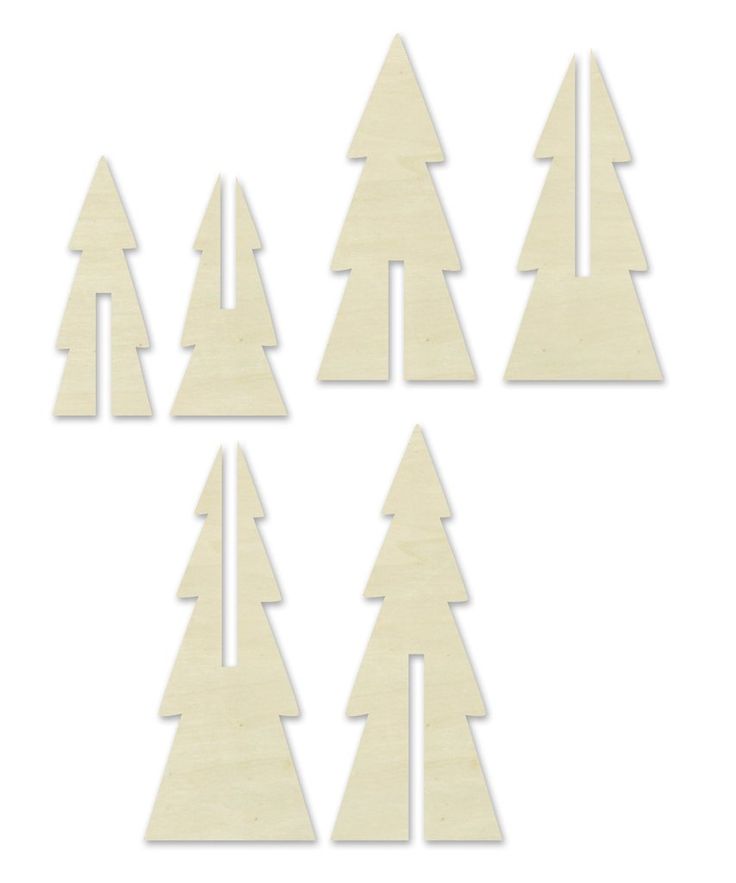 wooden cut outs with white christmas trees on the top and bottom, set of six