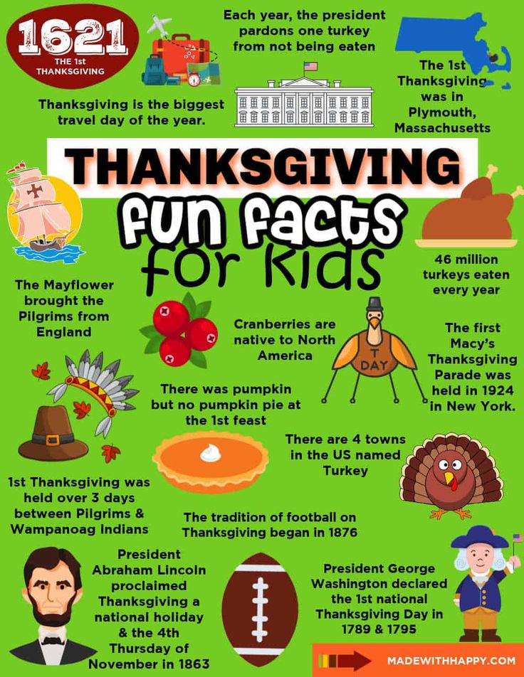 the thanksgiving fun fact for kids is shown in this info sheet, which includes pictures and text