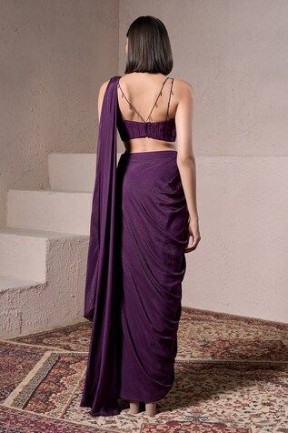 Purple pre-draped saree in  shimmer satin base. Comes with a flat silk padded blouse with cutdana and beaded hand embellishments. - Aza Fashions Festive Purple Pre-draped Saree With Traditional Drape, Purple Party Pre-draped Saree With Cutdana, Festive Purple Pre-draped Saree With Cutdana, Luxury Purple Chanderi Pre-draped Saree, Embellished Purple Pre-draped Saree, Purple Saree, Draped Saree, Satin Hands, Padded Blouse