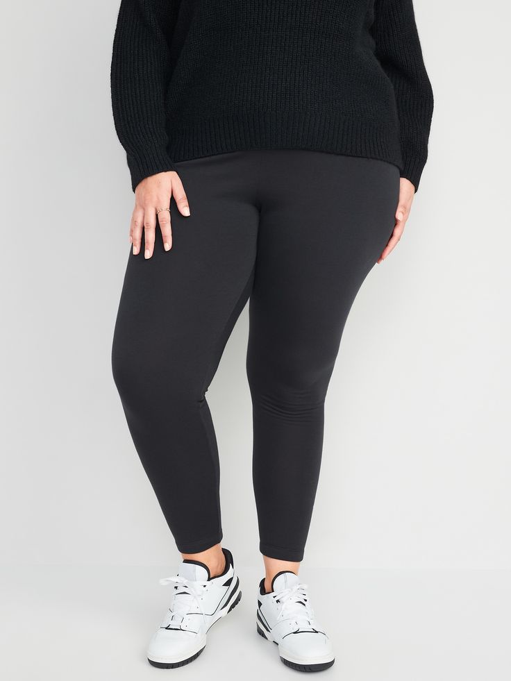 Elasticized high-rise waistband.  Cotton-jersey, with comfortable stretch and full fleece lining.  Easy pull-on style.  Our high-waisted jeans sit at belly button.  Rise measures 9”-9. 5”.  Fitted through the hip and thigh.  Skinny leg.  Women's Leggings For Women, Petite Size, Belly Button, High Waist Jeans, Women's Leggings, New Product, Old Navy, Black Jeans, Layering