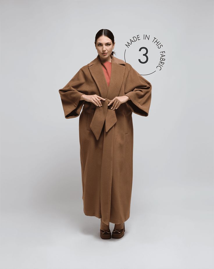 This camel long kimono coat is one of a kind. It is inspired by the old kimono tradition from Japan and designed for modern life everywhere. With ample volume, bottom flared, with welt pockets, and large sleeves, this kimono coat is ankle-length and wraps your body with almost five meters of 100% wool camel color. It is a color that you will notice from far away because of its unique lines that cannot be found anywhere else. The kimono coat has a belt that helps you to wrap it as tight as you yo Kimono Coat, Long Kimono, Camel Color, Modern Life, Welt Pockets, Winter Coat, Ankle Length, Beautiful Outfits, The Old