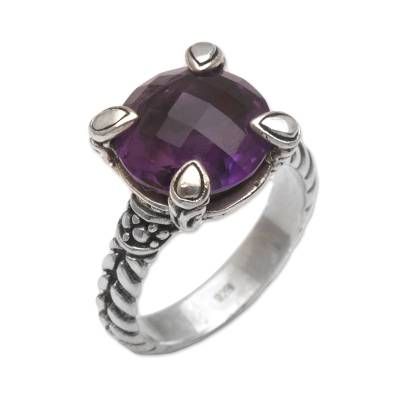 Dewi Putera handcrafts this beautiful 925 sterling silver ring with elegant precision and detail. The band is engraved with a woven design motif leading up to the crown. A faceted four-carat amethyst is embraced by drop-shaped prongs providing visual balance and contrast to the solitaire. Elegant Engraved Ring Stamped 925, Elegant Rings With Oxidized Finish, Classic Sterling Silver Amethyst Ring With Intricate Design, Elegant Oxidized Round Rings, Elegant Silver Engraved Ring With Stone Setting, Elegant Sterling Silver Rings With Oxidized Finish, Elegant Engraved Silver Amethyst Ring, Elegant Engraved Amethyst Ring As Gift, Elegant Adjustable Engraved Sterling Silver Ring