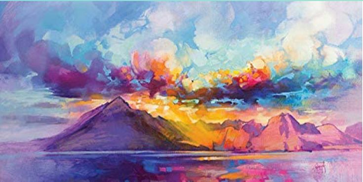 an abstract painting of mountains and clouds over water