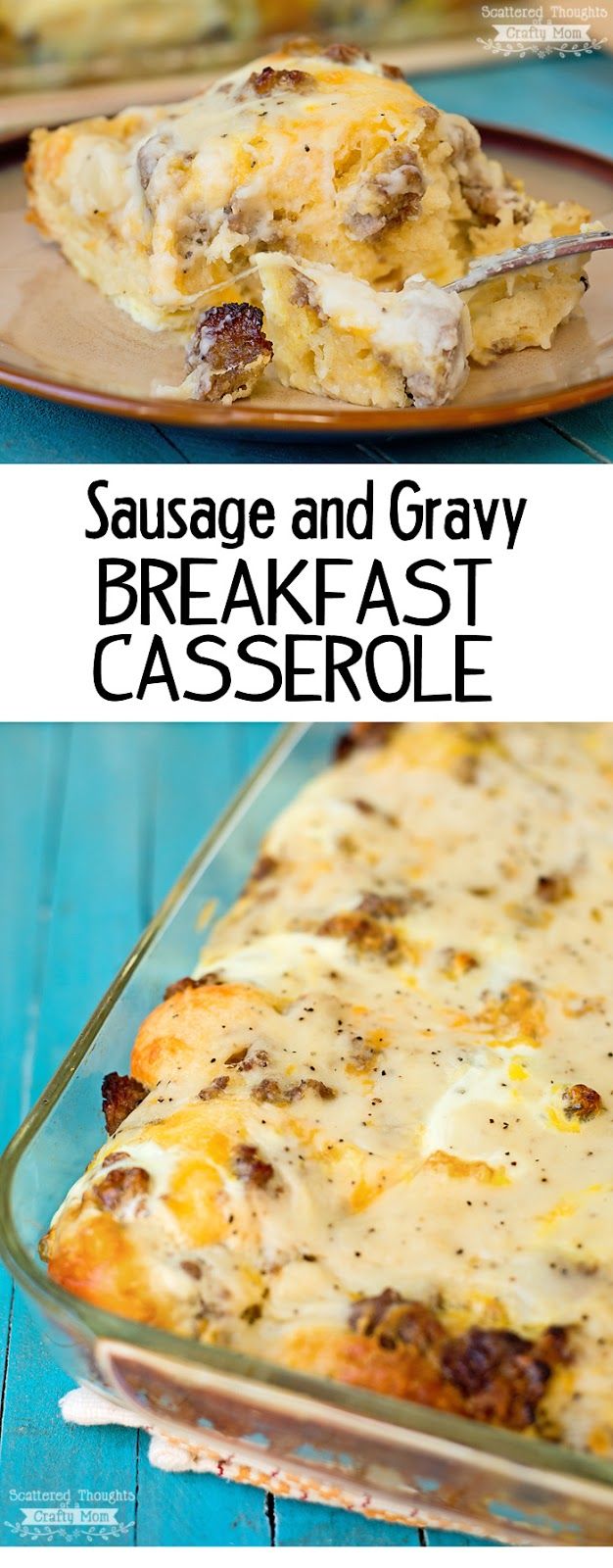 sausage and gravy breakfast casserole is shown in two separate pans