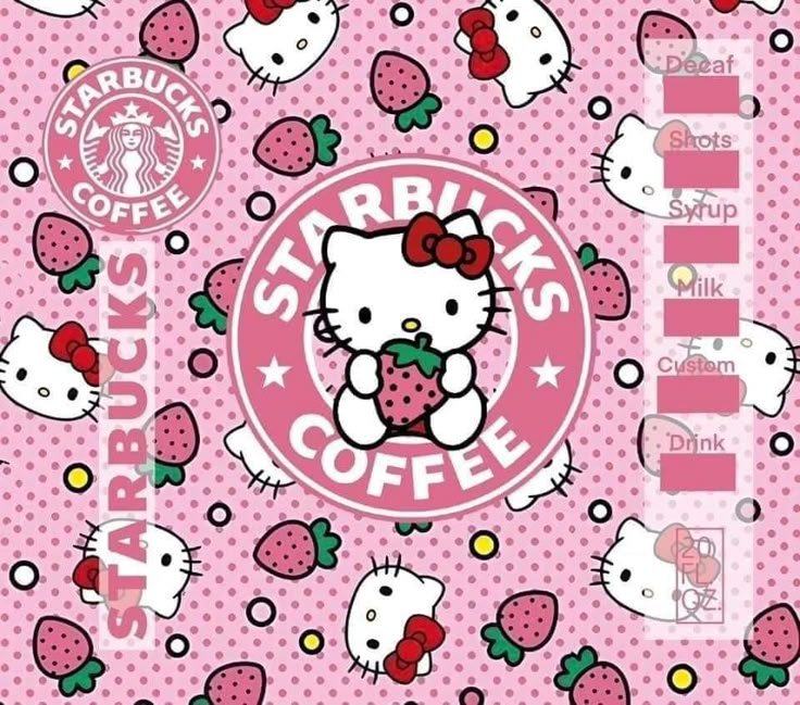 the hello kitty wallpaper is pink and has strawberrys on it