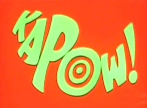 the word pow is written in neon green on an orange background with red and white circles