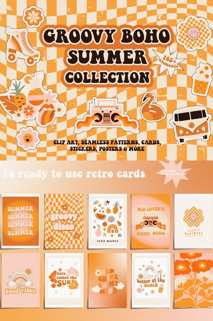 an orange and white poster with various items on the front, along with text that reads grooy boho summer collection