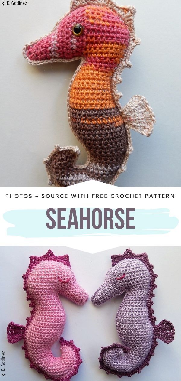 crocheted seahorses are shown in different colors and sizes, with text overlaying the image