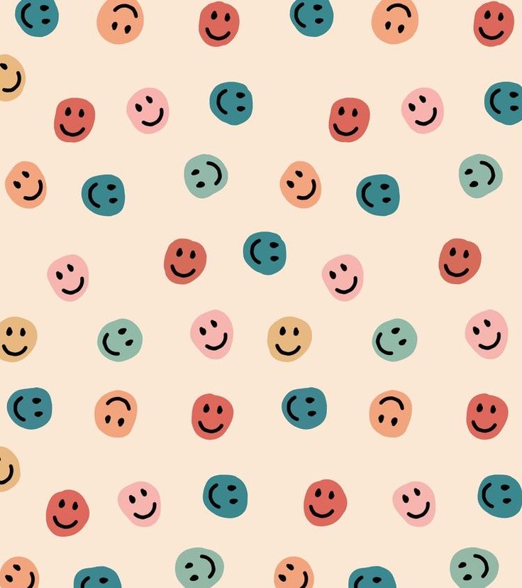 many different colored smiley faces on a white background with pink, blue and green circles