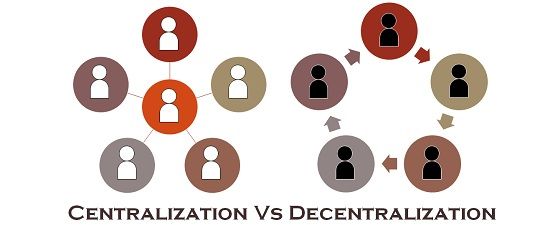 the words centralization vs decentization are shown in red and orange circles with arrows pointing up