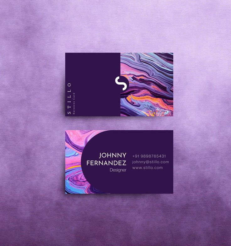 a purple business card with an abstract swirl design on the front and back, along with a white s logo