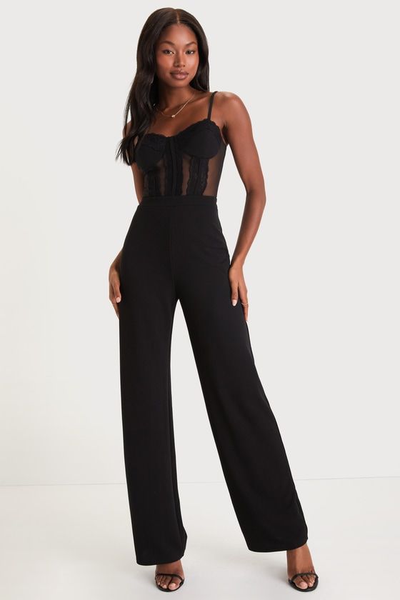 Womens Cocktail Attire, Black Jumpsuit Outfit, Fancy Jumpsuit, Corset Pants, Mesh Jumpsuit, Black Bustier, Bachelorette Outfits, Cocktail Attire, Strapless Jumpsuit