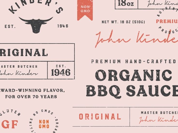 the label for an organic bbq sauce is shown in red and black on a pink background