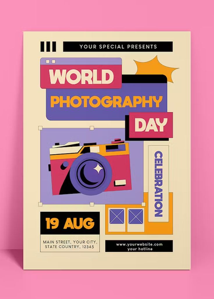 a poster for the world photography day is shown on a pink background with an image of a camera