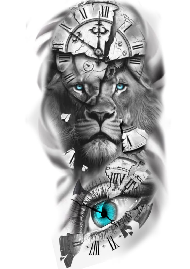 an artistic tattoo design with a lion's eye and clock