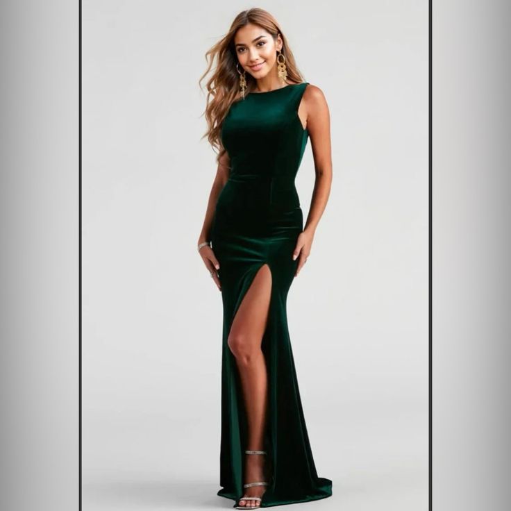 Velvet Dark Green Front Slit Backless Absolutely Stunning On, Just Decided To Go With Another Option! Princess Seam Bodice, Velvet Mermaid Dress, Glitter Prom Dresses, Short Summer Dresses, Sequin Prom Dresses, Long Bodycon Dress, Green Prom Dress, Ball Gowns Prom, Prom Dresses Ball Gown