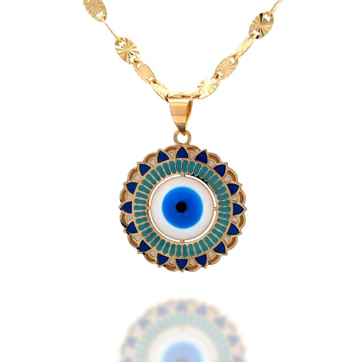 Embrace the protective power of the Evil Eye with our Hand-Painted Evil Eye Pendant. This captivating piece of jewelry combines ancient symbolism with modern artistry, hand-painted to exude beauty while safeguarding against negative energies. Product Specifications:  * Material: 14k Solid Gold, hallmarked 14K or 585 for authenticity * Diameter: 20mm / 0.78in 14k Solid Gold Chains: * Adjustable Chain 16"18" 0.5mm * Sun Oval Chain 16" 3mm Delivery:  * Ready to ship in 1 business day. * Delivers in Spiritual Evil Eye Medallion Jewelry, Blue Pendant Necklace With Artistic Design, Symbolic Evil Eye Medallion Necklace, Spiritual Hand-painted Round Jewelry, Blue Artistic Pendant Necklace, Spiritual Hand Painted Round Jewelry, Hand Painted Blue Spiritual Necklace, Hand Painted Amulet Necklace With Round Pendant, Round Necklace With Artistic Design For Spiritual Style