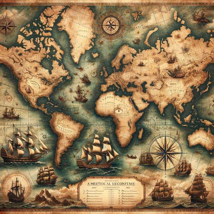 an old world map with ships on it