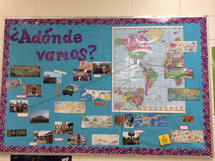 a bulletin board with pictures and words on it that says, adonde varmos?