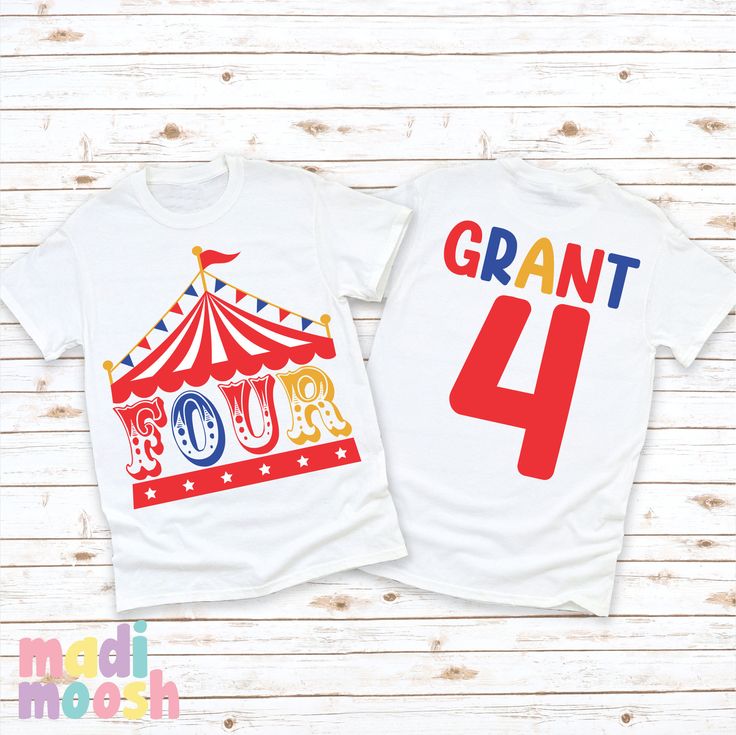 two t - shirts with the number four in front of a circus tent, one is for